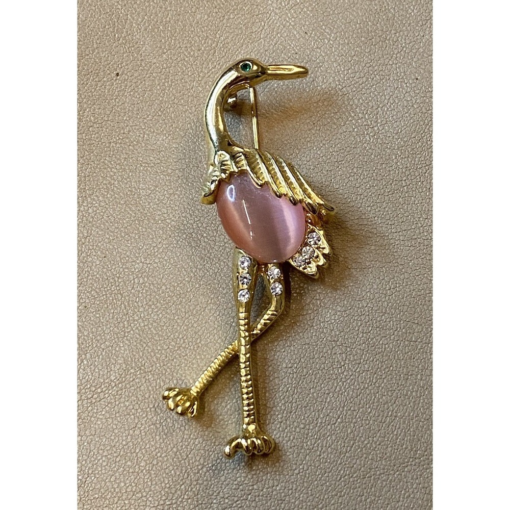 Crane/Flamingo Bird Moonstone Cabochon & Rhinestones Green Eye GoldTone Brooch